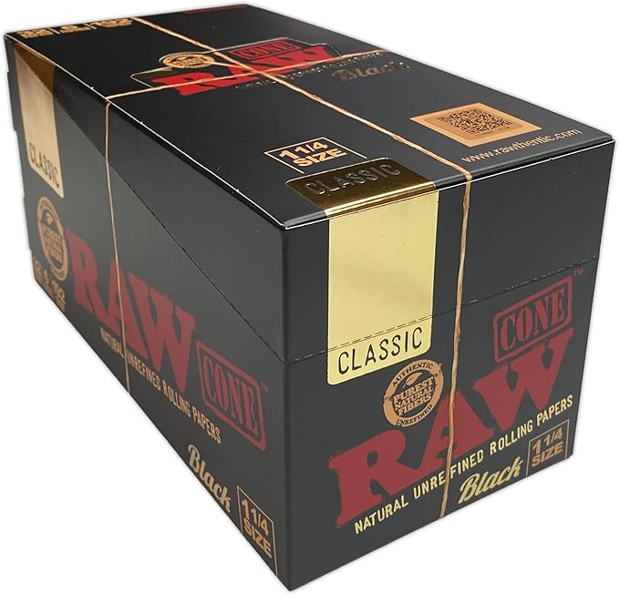 RAW Classic Black Natural Prerolled Cigarette Paper Cones with Tips | 1 1/4 Size | Full Box (32 Packs of 6 Cones, 192 Total) | Includes Pre Rolled Cones and ARC Scoop Card